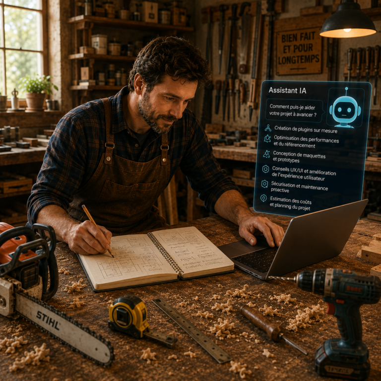 Artisan avec une tronçonneuse travaillant sur la création de son site WordPress sur ordinateur.